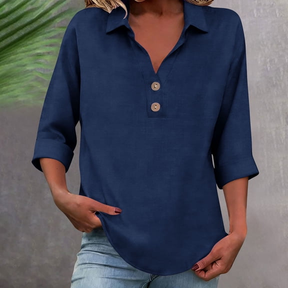 Roncen 3/4 Sleeve Linen Tops for Women Loose Fit V Neck Button Down Henley Shirts Cute Summer Beach Tee Shirts