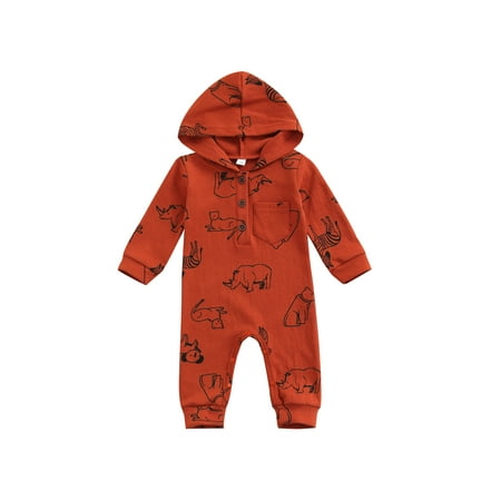 

0-18M Newborn Casual Hooded Jumpsuit Baby Boy Girls Animal Print Long Sleeve Romper with Pocket
