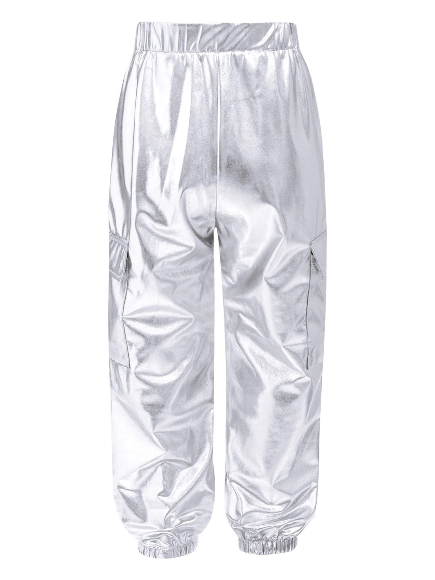 CHICTRY Shiny Holographic Cargo Pants Girls Boys Jazz Hip-Hop Street Dance Wear Trousers with Pockets Silver 10