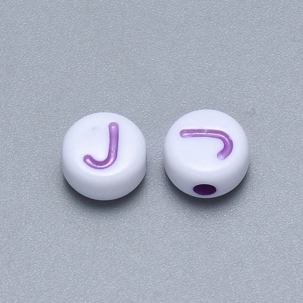 Craft Acrylic Horizontal Hole Letter Beads Flat Round Mixed Color Letter.J 7x3.5~4mm Hole: 1.5mm 3600pcs/500g
