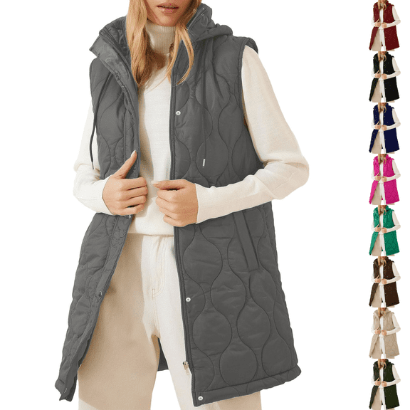 cocolona Womens Long Puffer Vest Lightweight Quilted Jacket Sleeveless Hooded Puffer Coats Winter Warm Outwear