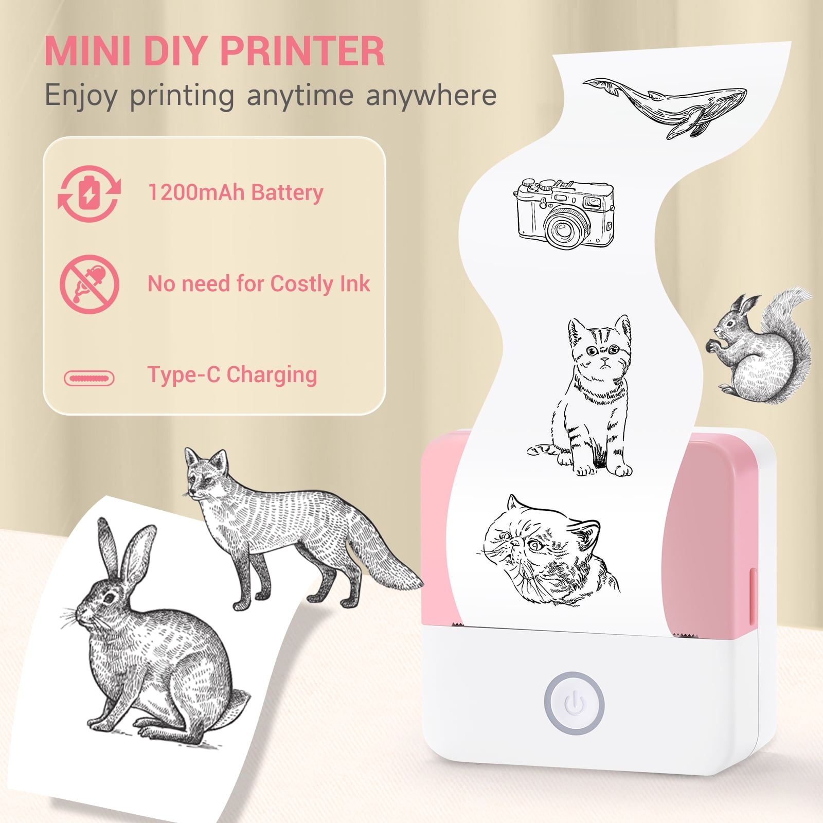 ROJAX Print Pods Mini Thermal Printer, Inkless Portable Sticker Maker with 10 Rolls Paper, Bluetooth Pocket Printer for Phone, Notes, Journal & DIY, Compatible with iOS & Android (Pink)