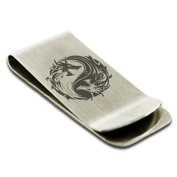 Stainless Steel Tribal Dragon Yin Yang Engraved Money Clip Credit Card Holder