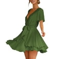 thumbnail image 4 of USSUMA Dresses For Women Party Casual,Women's Summer Dress Deep V-Neck Short Sleeve Waist Tie Ruffle Mini Swing Skater Dresses, 4 of 8