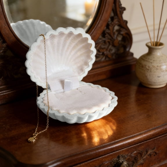 Seashell Velvet Jewelry Box Mini Ring Holder, Cute Travel Jewelry Case for Earrings Necklace Ring, Elegant Gift Box for Wife Daughter Girlfriend Birthday Wedding Christmas