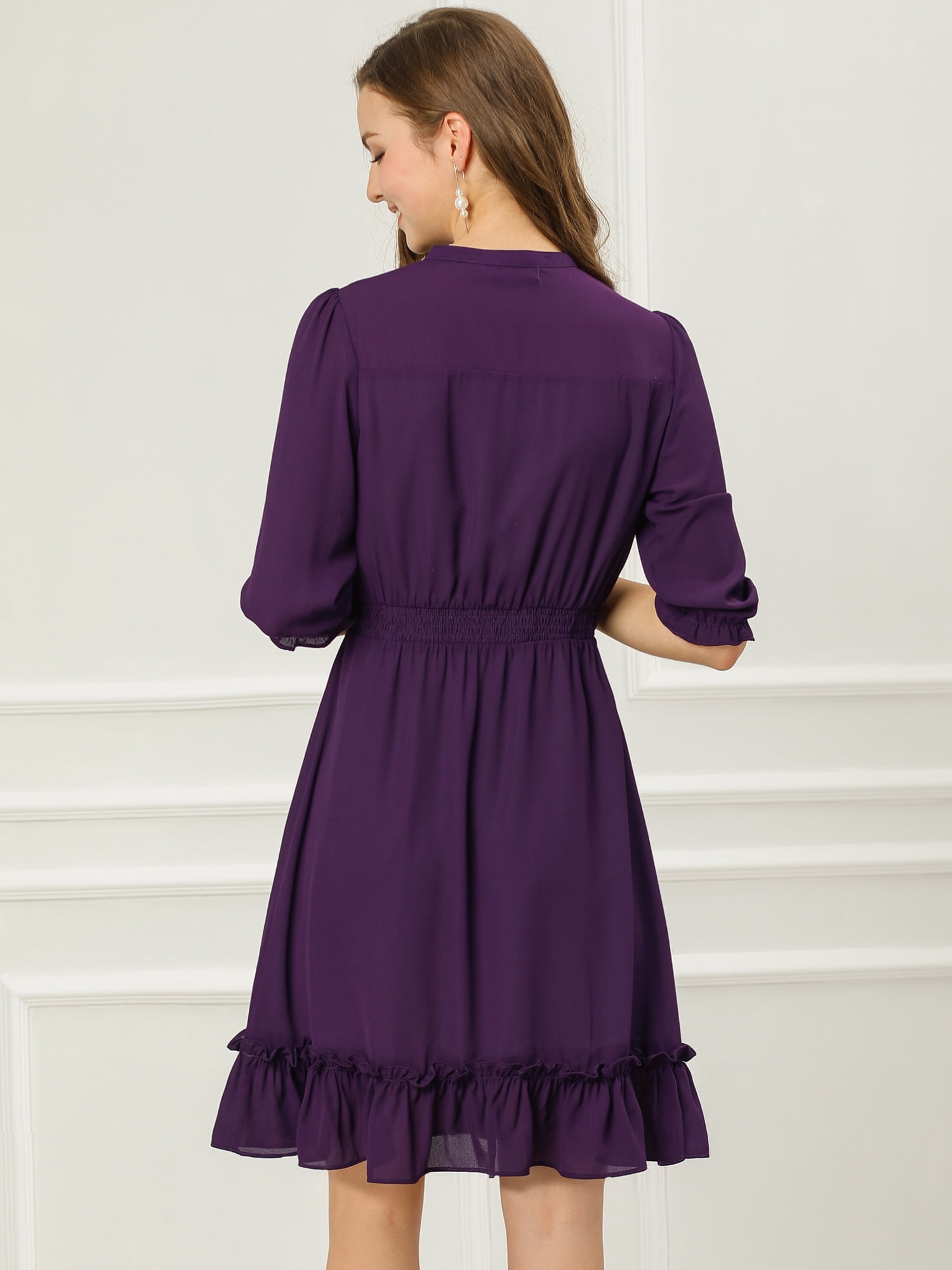 DARING DIVA Tie V Neck Chiffon 3/4 Sleeve Smocked Mini A-Line Dress 3XL Purple