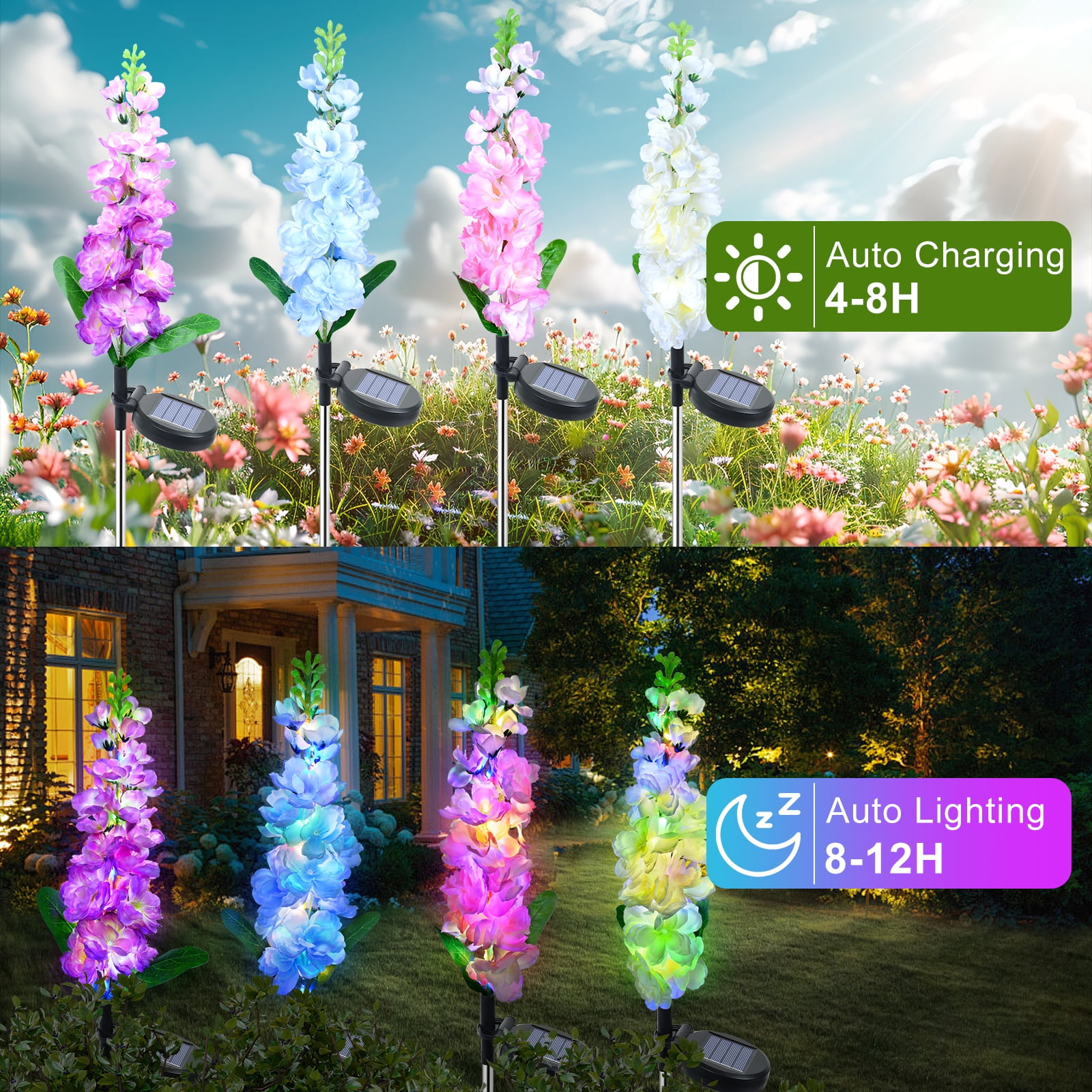 Qoosea Solar Delphinium Flowers Lights Outdoor, 4 pack 80 Leds Waterproof Solar Garden Lights Yard Decorations Outdoor Garden Lights Outside Gift for Women