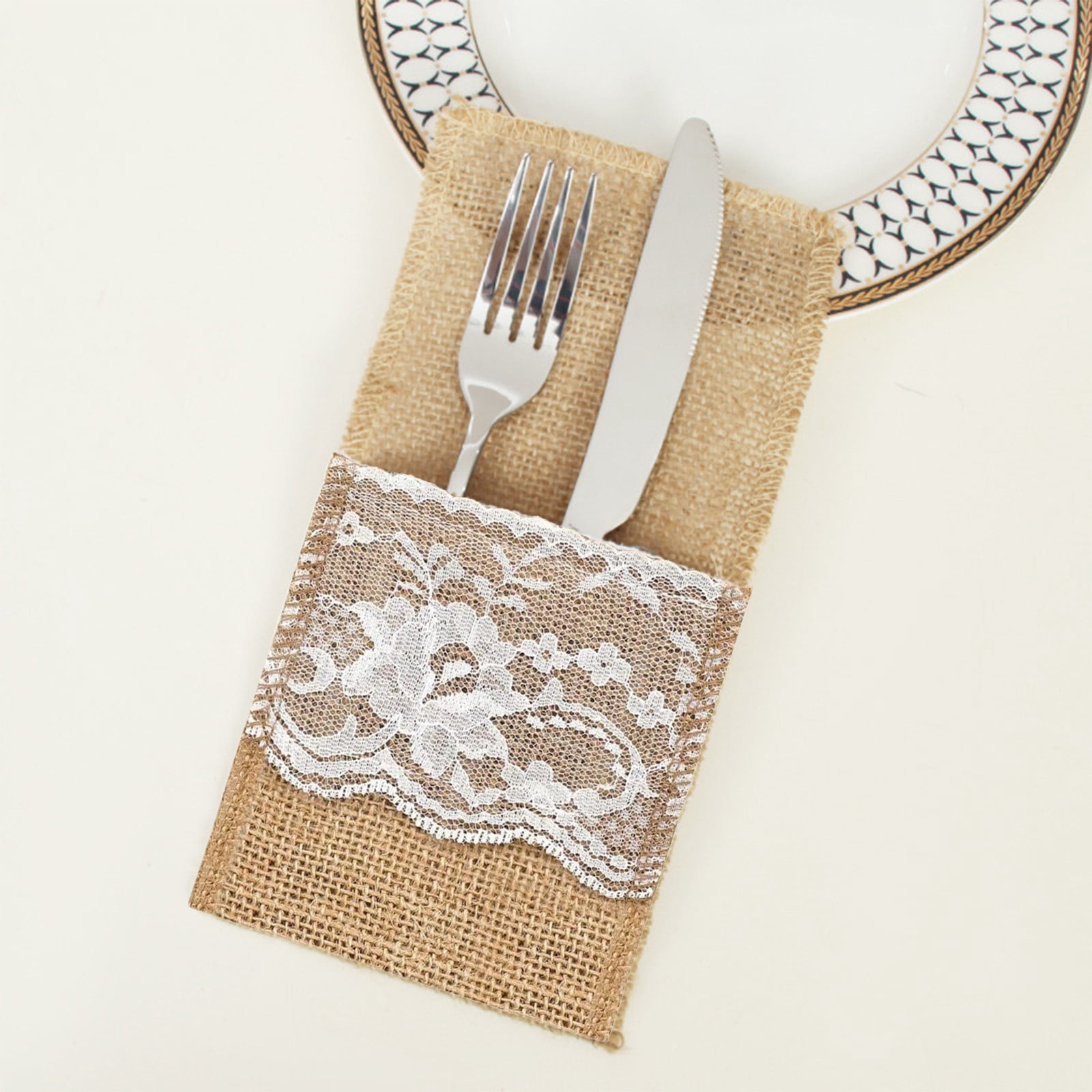 1Pc Cutlery Holder,Natural Burlap Tableware Utensil Holders,Burlap Lace Silverware Holder Linen Knife And Forks Cutlery Pouch Bag,Linen And Lace Cutlery Storage Bag For Vintage Rustic Wedding Party