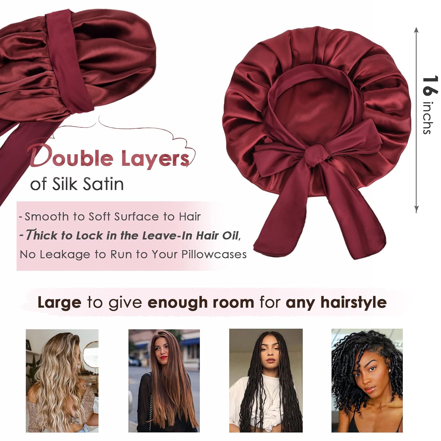 Silk Bonnet for Sleeping Women Satin Bonnet Double Layer Satin Lined Hair Bonnet with Tie Band Curly Hair Blush Pink