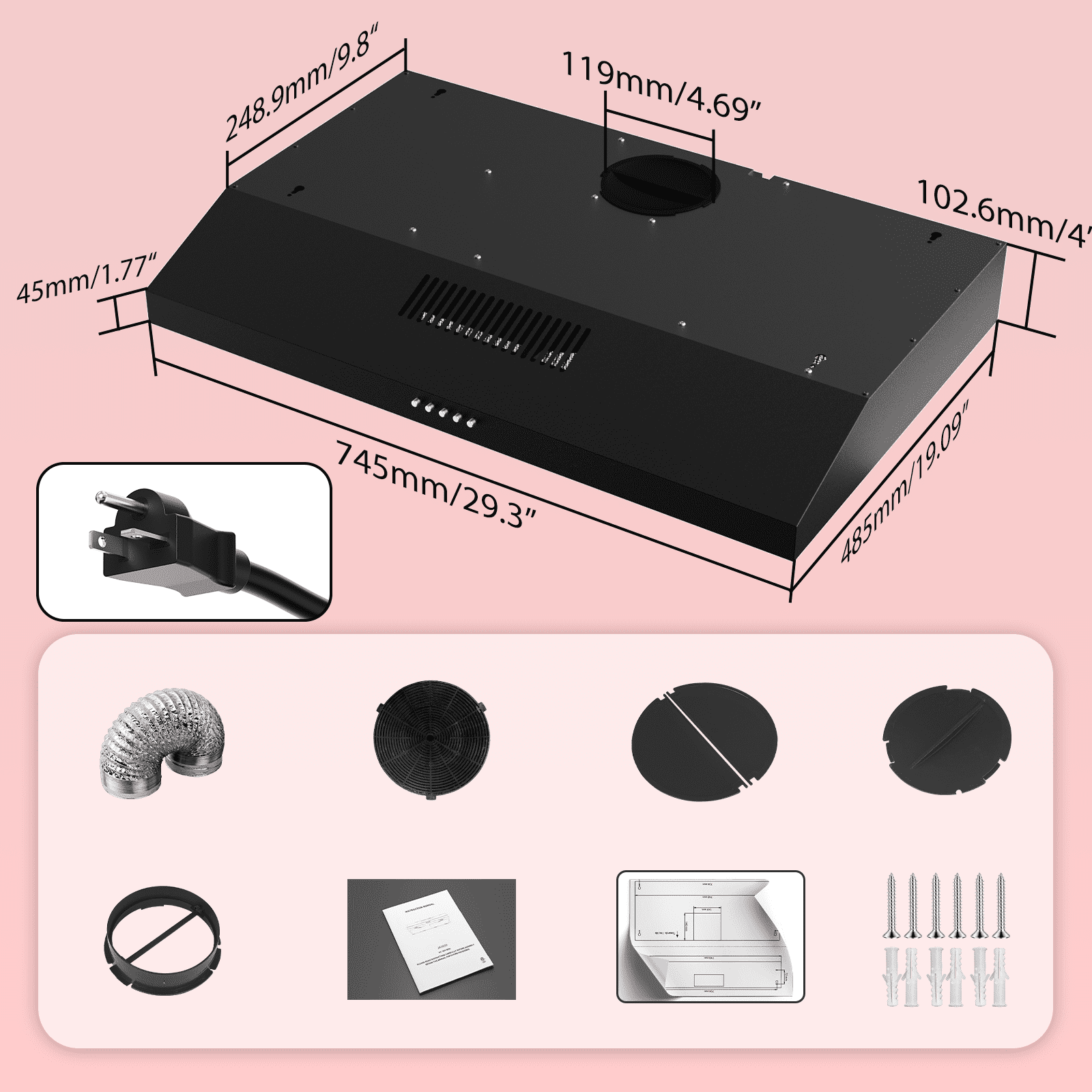 Nardea 30 Inch Under Cabinet Range Hood, 300 CFM Black Kitchen Stove Vent Hood, Ducted/Ductless Convertible with LED Lights & Dishwasher-Safe Filter, Plug-In 120V Exhaust Fan