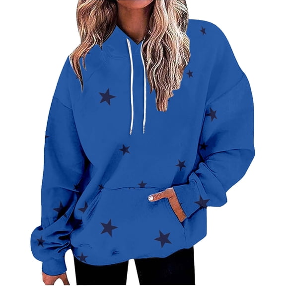 Women's Star Print Drawstring Hooded Sweatshirt with Pocket, Oversized Long Sleeve Pullover, Plus Size Soft Comfy Fall Top for Streetwear, Casual Daily Wear and Concert Events Blue L