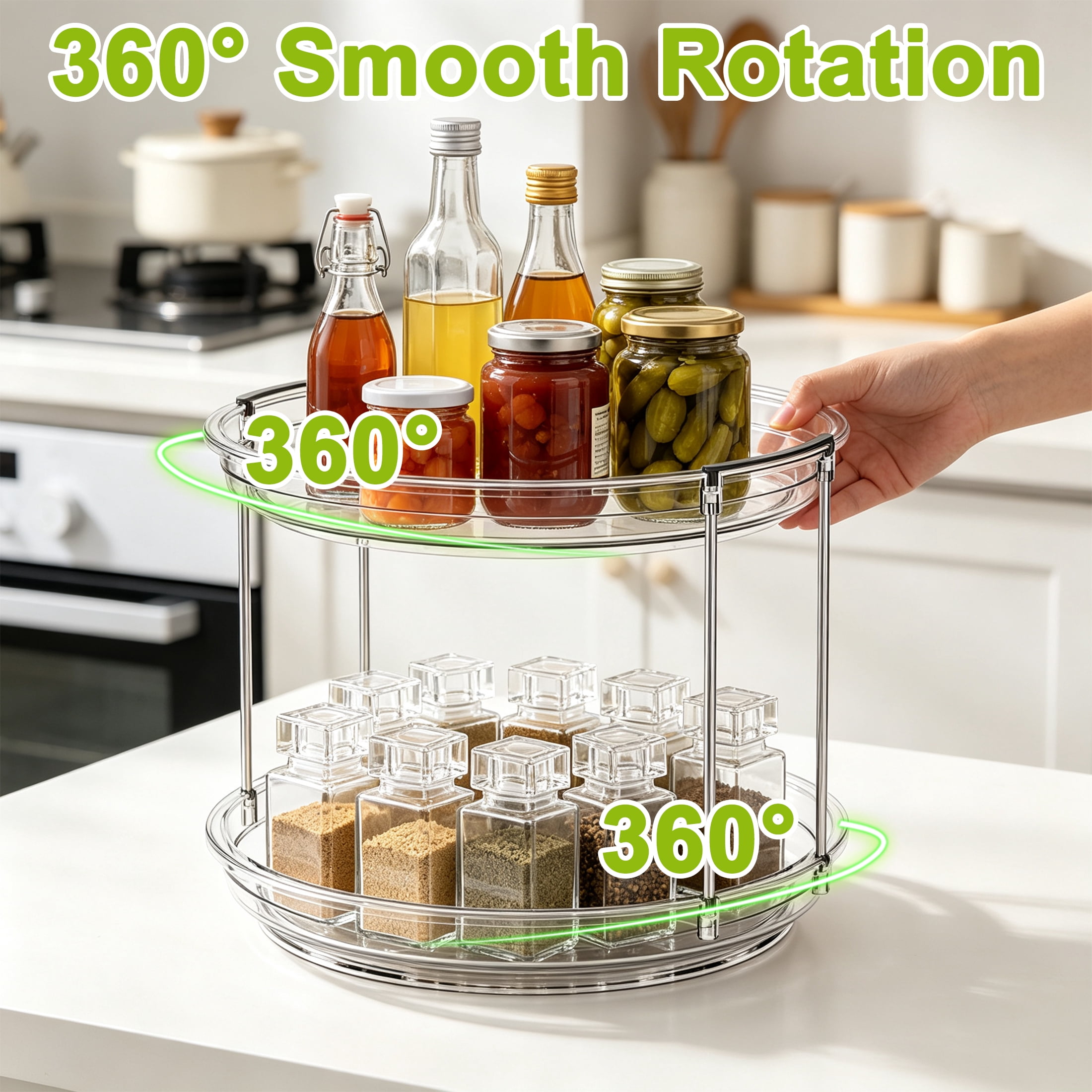 2 Tier 360° Rotating Spice Rack, Lazy Susan Cabinet Counter Organizer, Clear Turntable Spice Storage Rack, Lazy Susan Spice rack for Kitchen Countertop, Bathroom, Makeup and Office Supplies