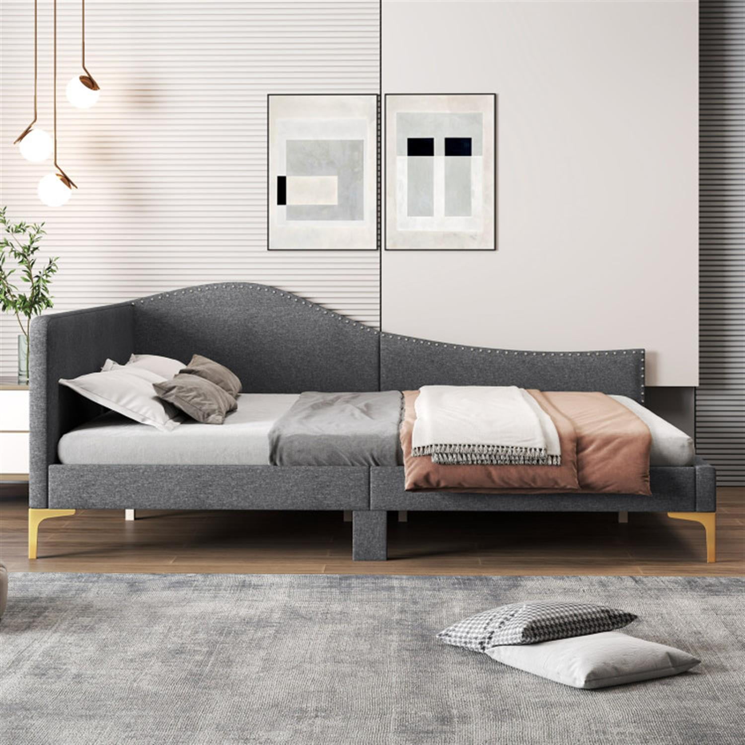 Demi Bonn Full Size Rivet-Tufted Daybed with Metal Legs and Wood Slats, Platform Bed Frame for Living Room, Bedroom and Guest Room, Gray