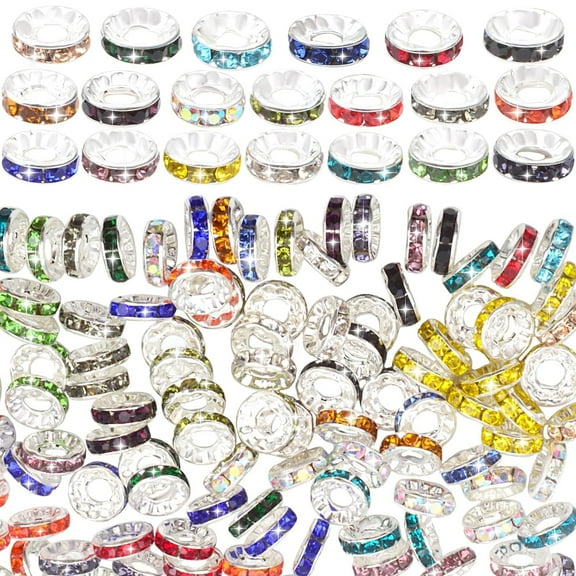 120PCS Rhinestone Spacer Beads 10mm Brass Round Rondelle Crystal Diamond Large Hole Bead Spacers for Jewelry Making DIY European Bracelets Necklaces Keychains Beaded Pens,Colorful