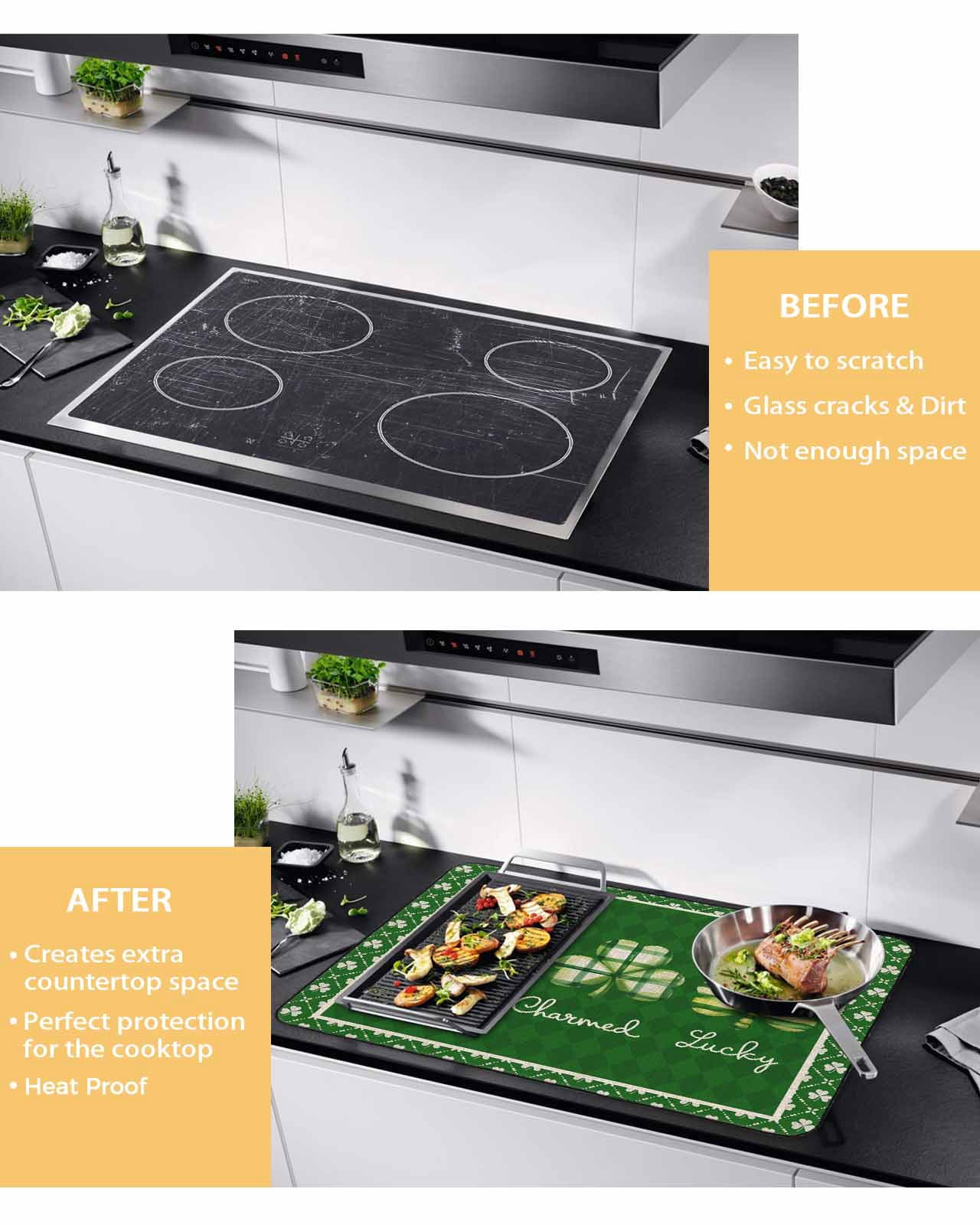 Large Induction Cooktop Protector Mat St.Patrick's Day Shamrock Stove Top Covers for Electric Stove, Green Lucky Leaf Farm Plaid Decorative Stove Burner Cover Mats, Glass Top Stove Cover