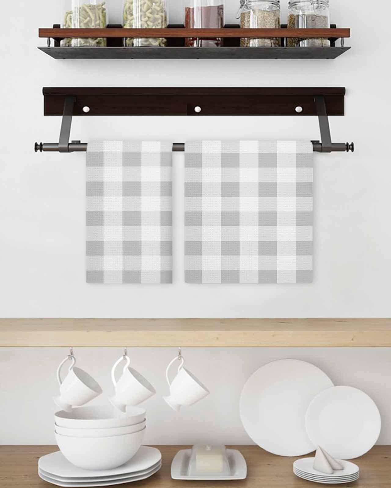 Grey Plaid Kitchen Dish Towels for Drying Dishes Set of 3, Spring Summer Farmhouse Buffalo Checkered Waffle Weave Microfiber Hand Tea Bathroom Towels Quick Dry & Absorbent Towel 15.7x23.6