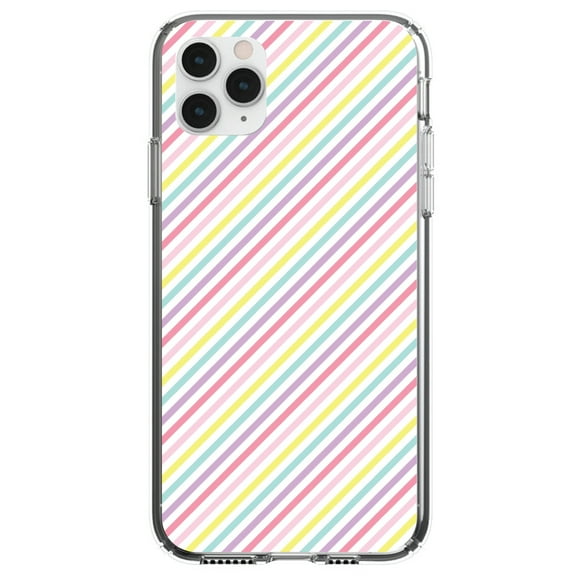 DistinctInk Clear Shockproof Hybrid Case for iPhone 11 (6.1" Screen) - TPU Bumper, Acrylic Back, Tempered Glass Screen Protector - Rainbow Diagonal Stripes Pattern