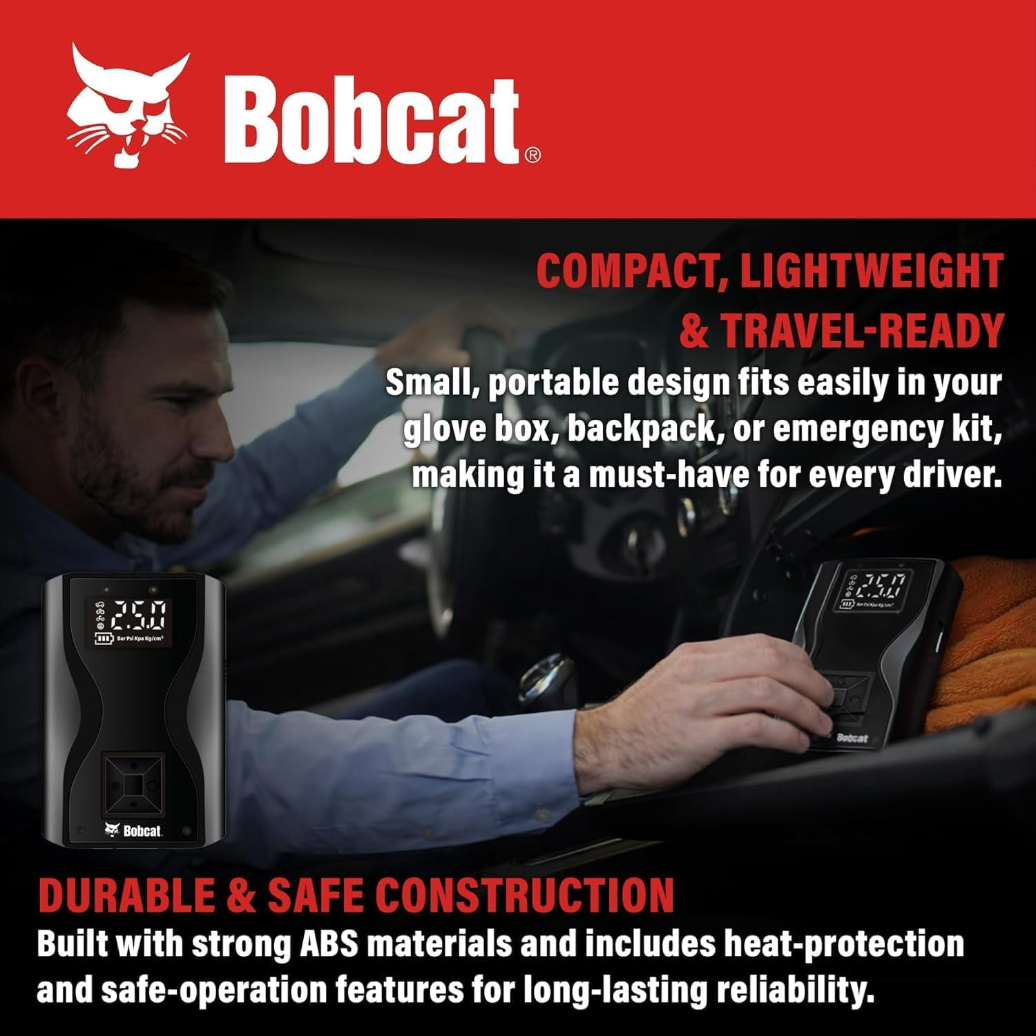 Bobcat Tire Inflator Portable Air Compressor 4000 mAh – 150 PSI Cordless Air Pump for Car Tires with Digital Pressure Gauge, Auto Shut-Off – Portable Air Pump for Car, Motorcycles, Bikes & Balls