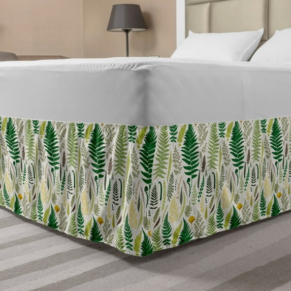 Woodland Bed Skirt, Old Engraved Vintage Art Colored Ferns Weeds and Herbs Sketch Art Print, Elastic Bedskirt Dust Ruffle Wrap Around for Bedding Decor, 4 Sizes, Off White Multicolor, by Ambesonne