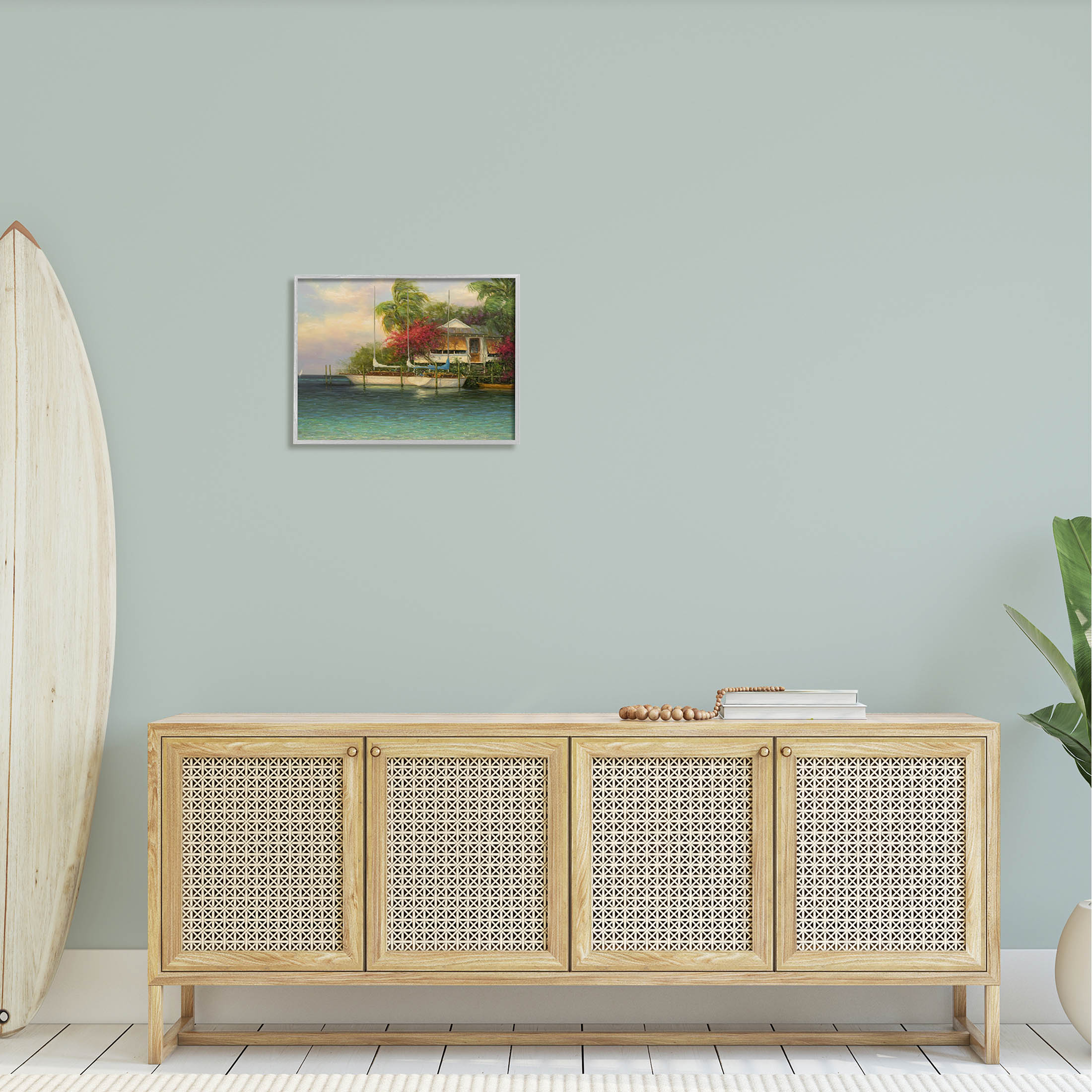 Tropical Boats Waterfront Scenery Landscape Painting Gray Framed Art Print Wall Art