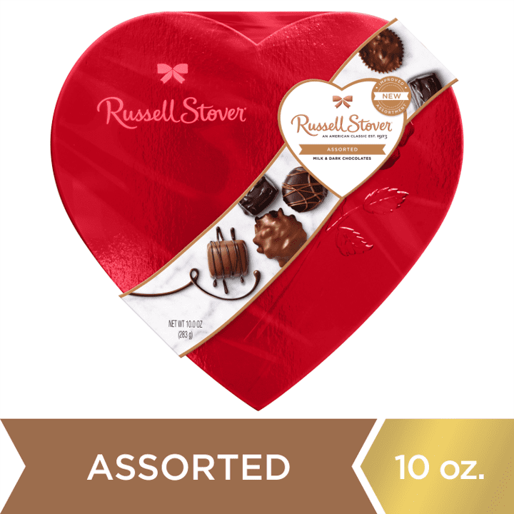 Russell Stover Valentine's Day Red Foil Heart Assorted Milk & Dark Chocolate Gift Box, 10 oz. (≈ 17 Pieces)