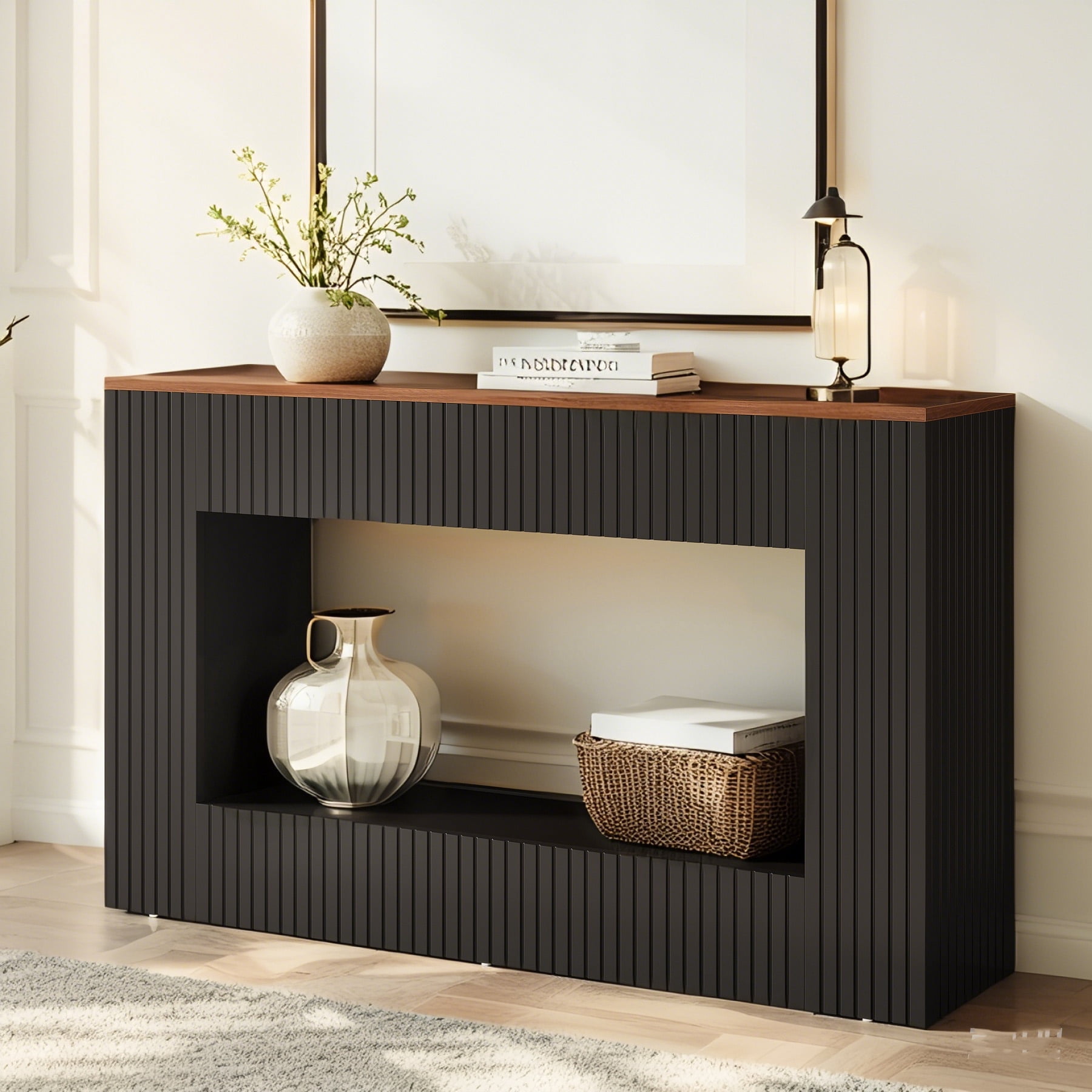 55" Wood Console Table with Storage, Modern Entryway Sofa Table for Living Room & Foyer, Black
