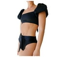 thumbnail image 2 of Wuxian Women 2 Piece Bikini Set Solid Color Swimwear Short Puff Sleeve Square Collar Crop Top Push Up Bra High Waist Ruffled Lace Up Fashionable Cozy Bathing Suit Swimsuit,Black,L, 2 of 5