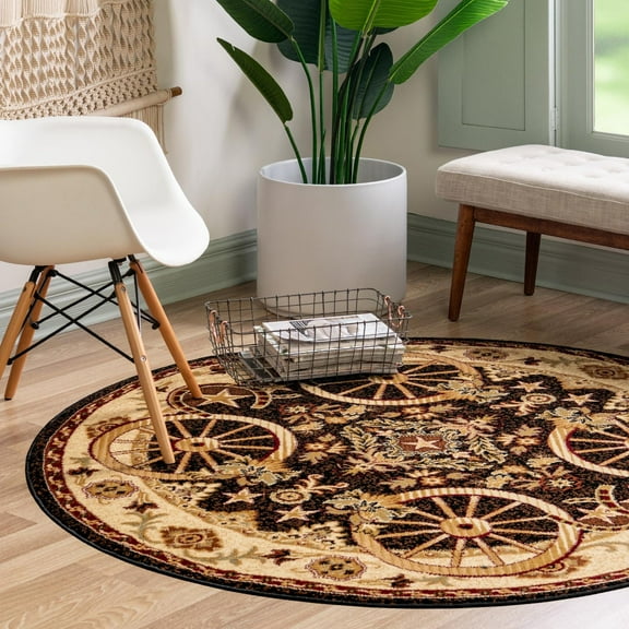 Unique Loom Pioneer Collection Area Rug - Missoula (7' 10" Round Black/Beige)