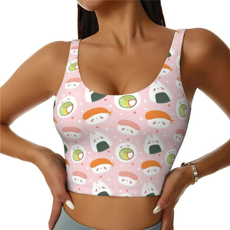 Jgfou Cute Sushi (2) Print Womens Sports Bra - Padded Workout Sports Bras Crop Tank Top
