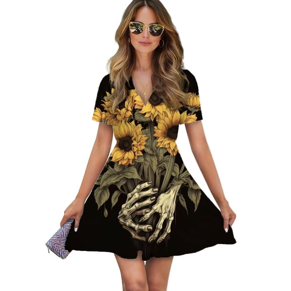Sunflower Skull Women Dress V-Neck Short Sleeve Flowy Swing Party Midi Dress