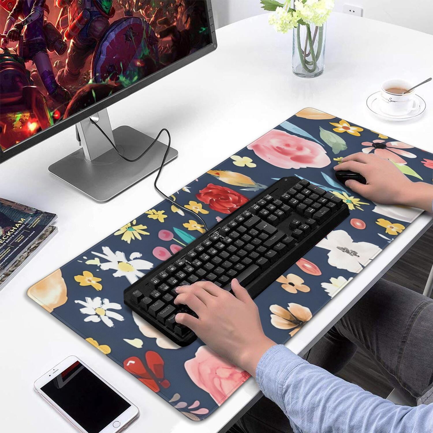 Long Mouse Pads for Desk,Pioneer Flower Floral Print Pattern Desk Mats on Top Of Desks, Desk Mouse Pad Extra Large with 3mm Non-Slip Base and Stitched Edge for Gaming,Office,Work,Home 31.5"x15.7"