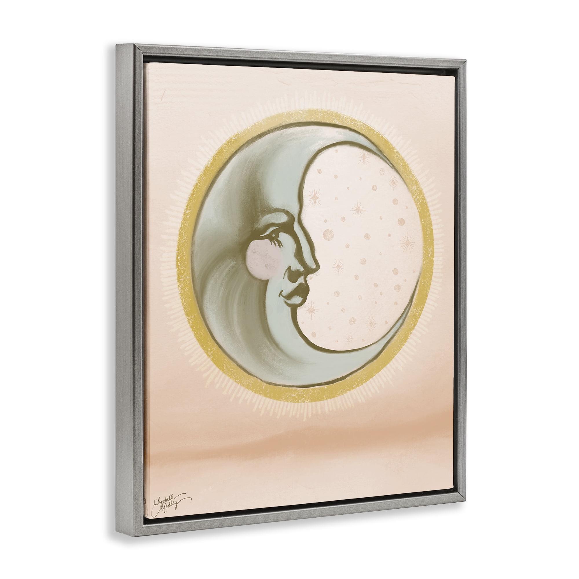 Stupell Industries Moon Face in Circle Astrology & Stars Painting Gray Floater Framed Canvas Art Print Wall Art, 17 x 21