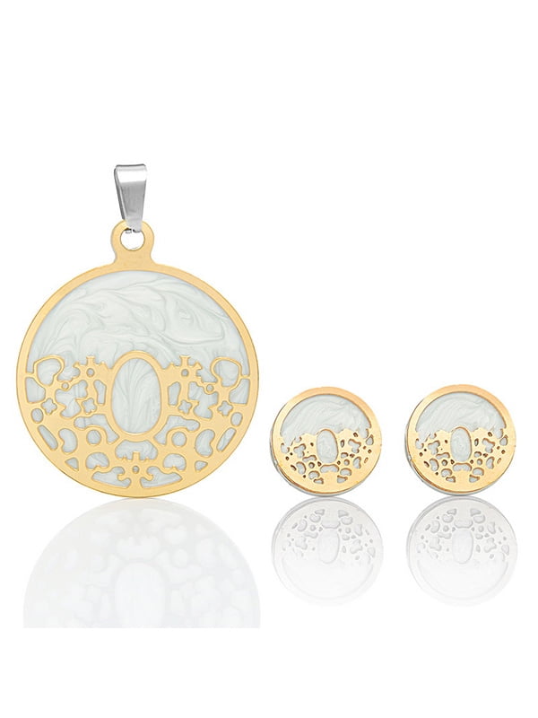 Stainless Steel Gold Tone Elegant Marble Round Pendant and Earring Set by Valyria