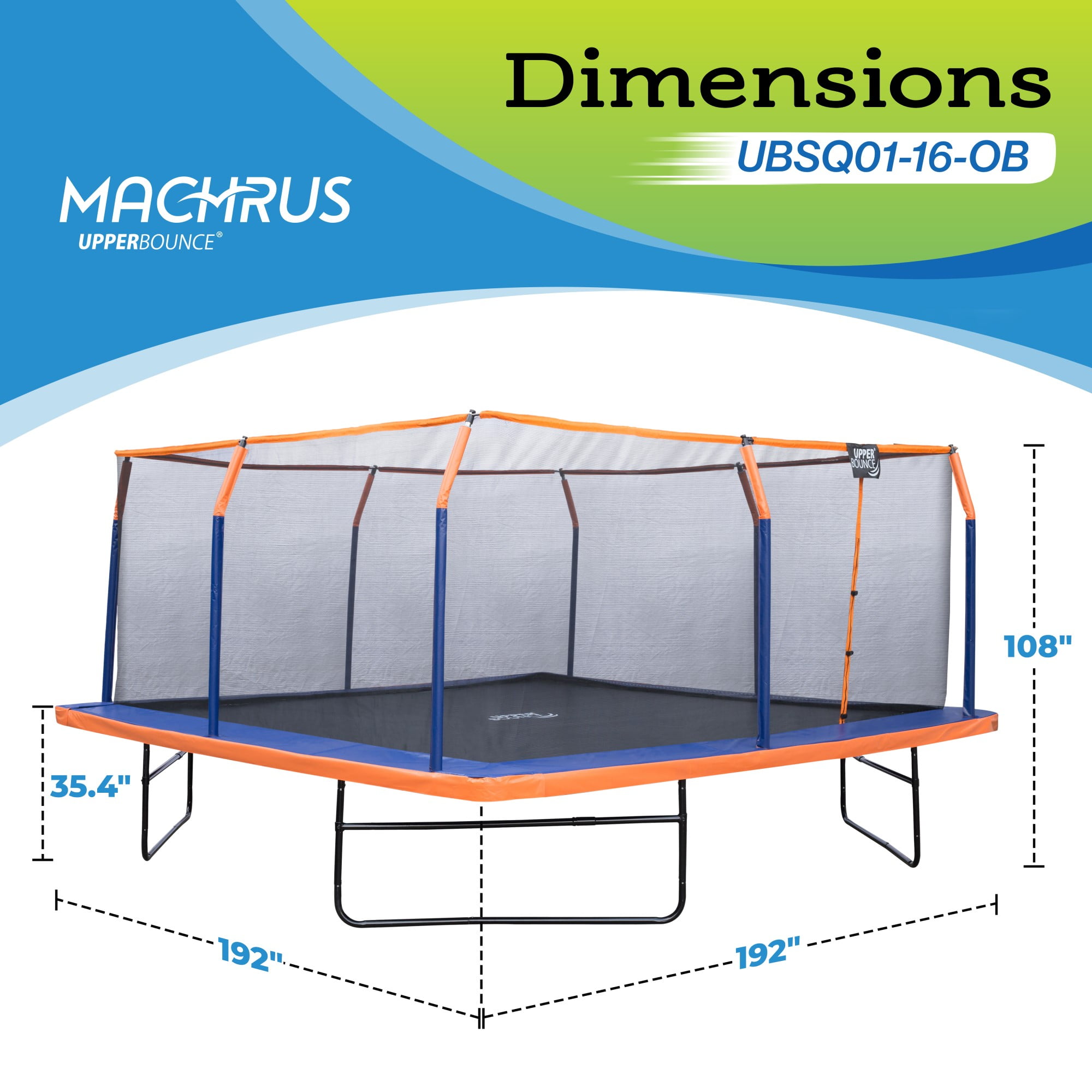 Machrus Upper Bounce 16 x 16 FT Square Trampoline Set with Premium Top-Ring Enclosure and Safety Pad – Outdoor Trampoline for Kids & Adults– Orange/Blue