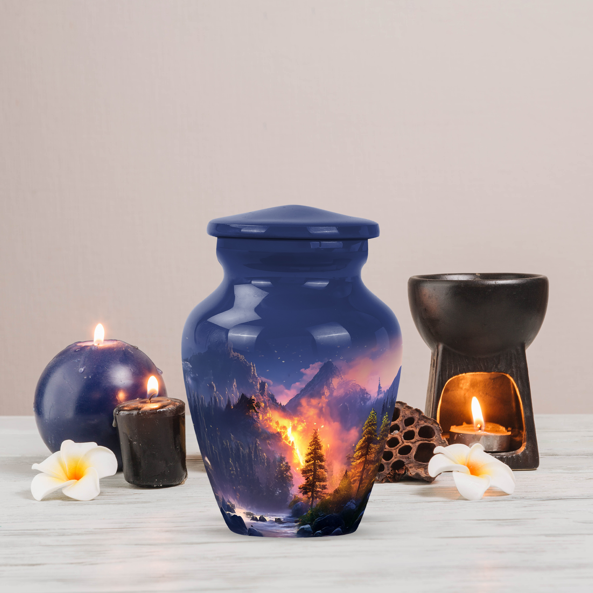 MUKTIVE Waterfall Keepsake Cremation Urns for Adult Ashes for Women, Mini Blue Mountain Burial Urn for Ashes for Women, Unique Urn, Tiny Fiery Forest Memorial Funeral Gift for Mom & Dad 3 Inch