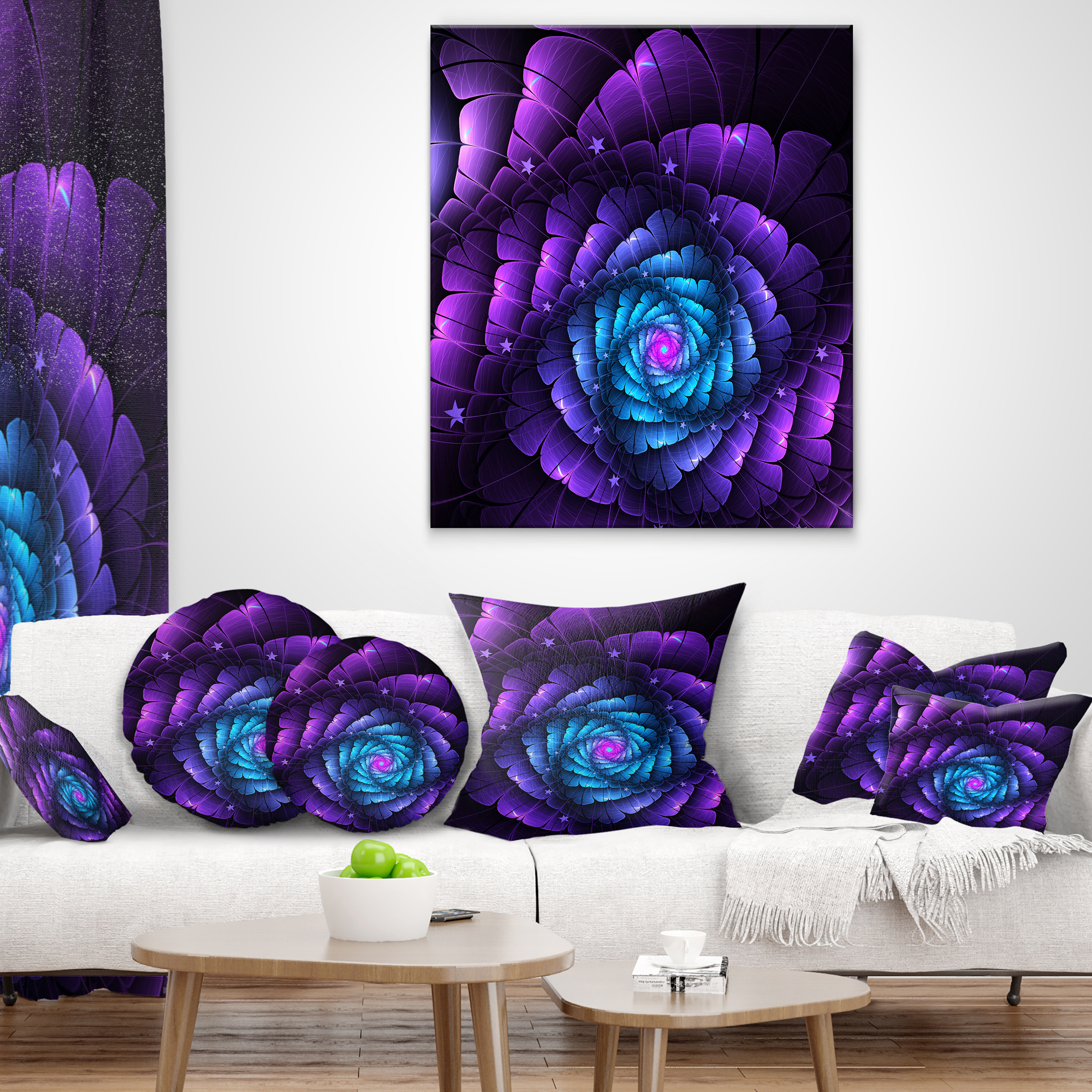 Designart Purple Fractal Flower in Dark - Floral Throw Pillow - 18x18