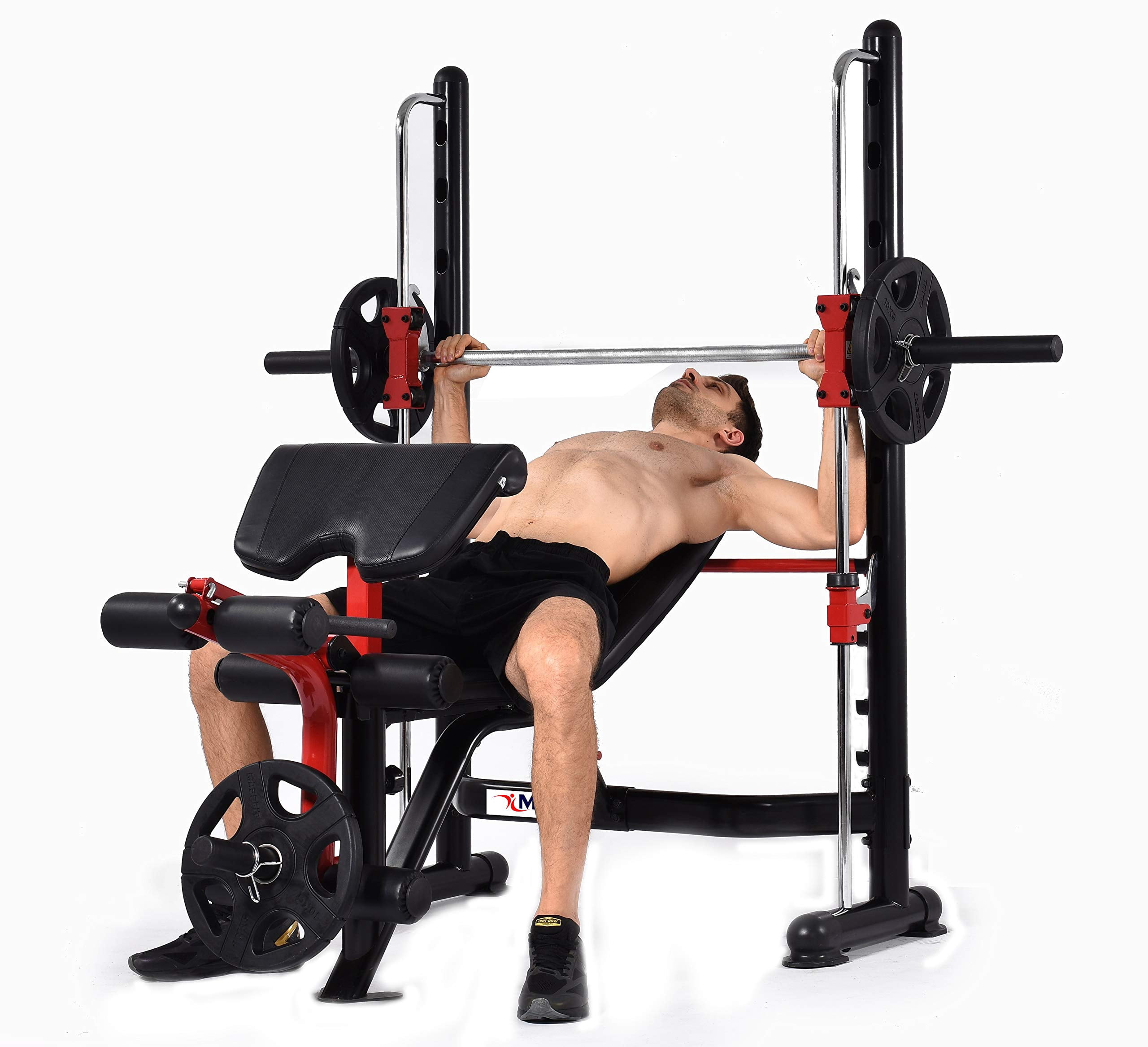 MiM USA Olympic Weight Bench w/Leg Extension Preacher curl Functions, Squat Rack Set