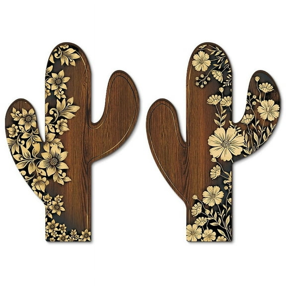 2 Pieces Vintage Floral Cactus Wooden Pendant - Rustic Farmhouse Decor,Minimalist Flower Wall Decors for Living room Bathroom Bedroom Dining Room - Housewarming Gifts