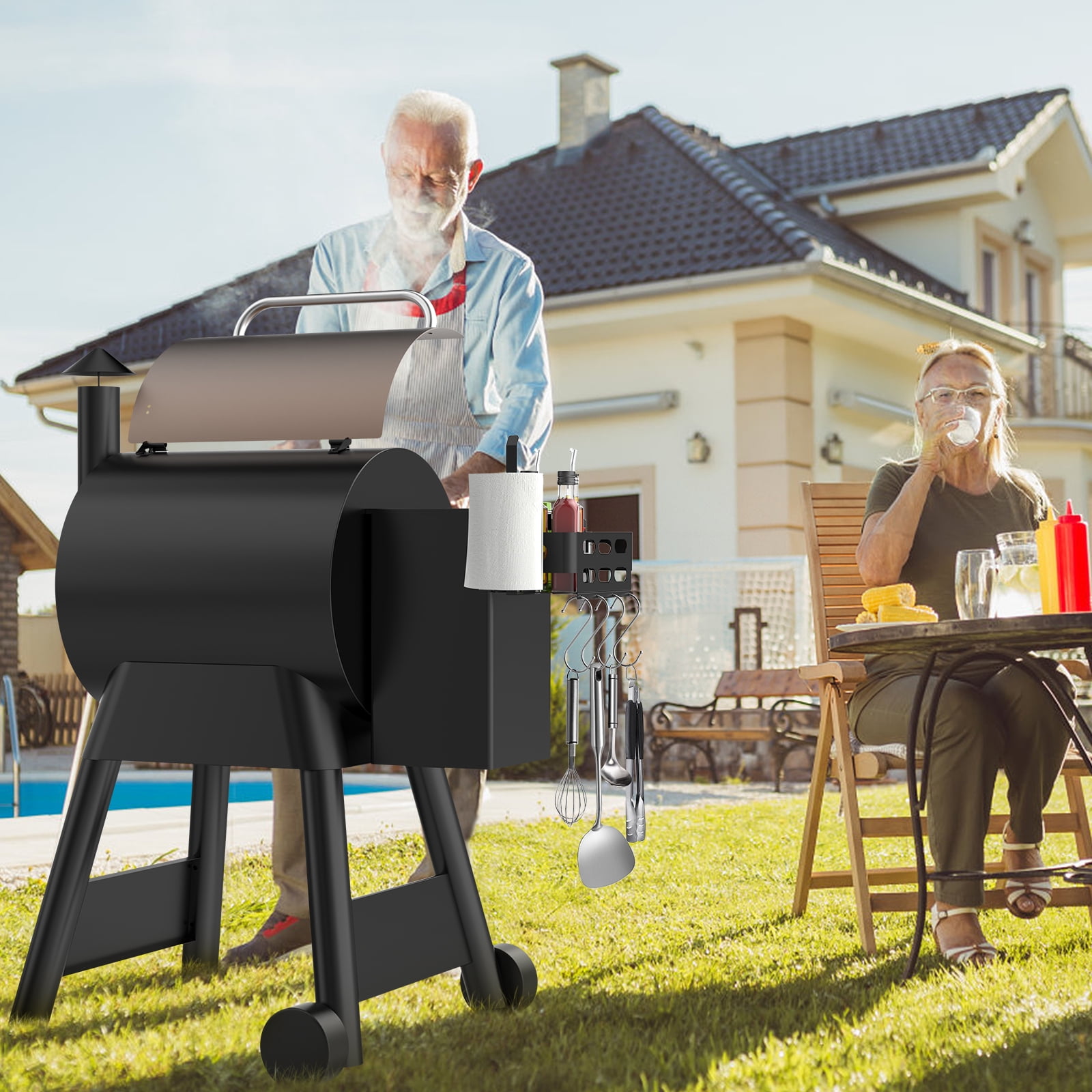 Storage Bin with 4 Hooks and Paper Towel Holder for Traeger Pro 22,  34,  575,  780, Ironwood 650 885, Compatible with Pit Boss &  Z Grill & Other