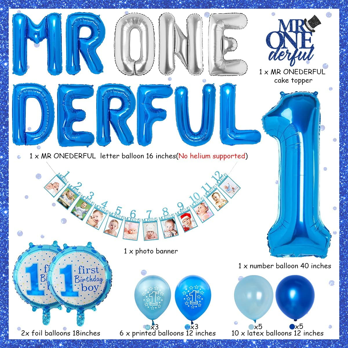 Mr Onederful 1st Birthday Decorations Kit - Glitter Banner, Cake Topper, Mustache & Bow Tie Balloons, Cupcake Toppers - View #11