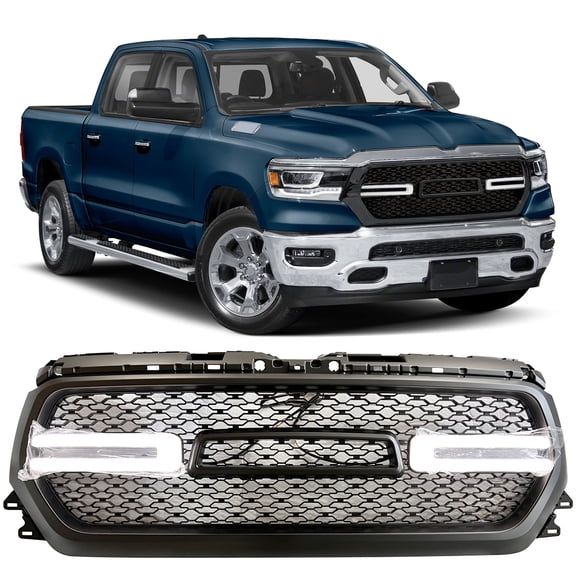Ikon Motorsports Grille Compatible with 2019-2024 Dodge Ram 1500 Front Bumper Hood Upper Mesh With White LED Grill - Matte Black