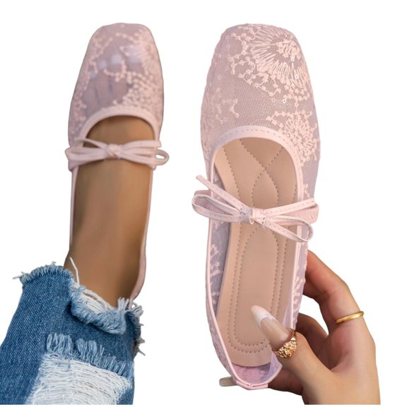 Purcolt Womens Floral Embroidery Mesh Flats Lightweight Casual Square Toe Slip On Ballet Shoes Comfort Elegant Soft Sole Dress Shoes with Bowknot Elastic Strap