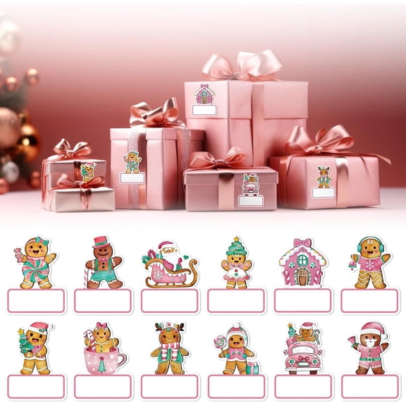 120 Pcs Christmas Pink Gingerbread Name Tag Stickers Pink Christmas Gift Tags Pastel Gingerbread Self-Adhesive Label Decals for Xmas Holiday Gift Box Classroom Party Decoration