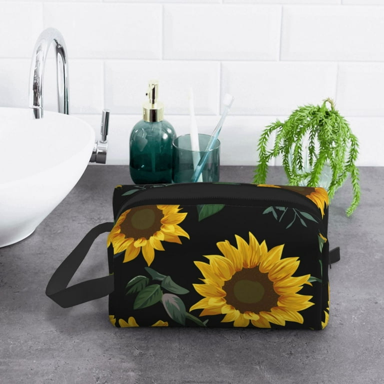 XMXT Large Capacity Makeup Bag, Sunflower Black Background Travel