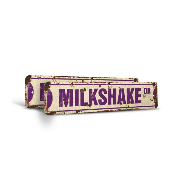 MILKSHAKE Vintage Style Rustic Street Sign – (2 Pack) Ice Cream Shop Lover Milk Retro Decorative Wall Sign for Home, Bar, Garage, or Outdoor Use | 4" X 18" Plastic Road Sign