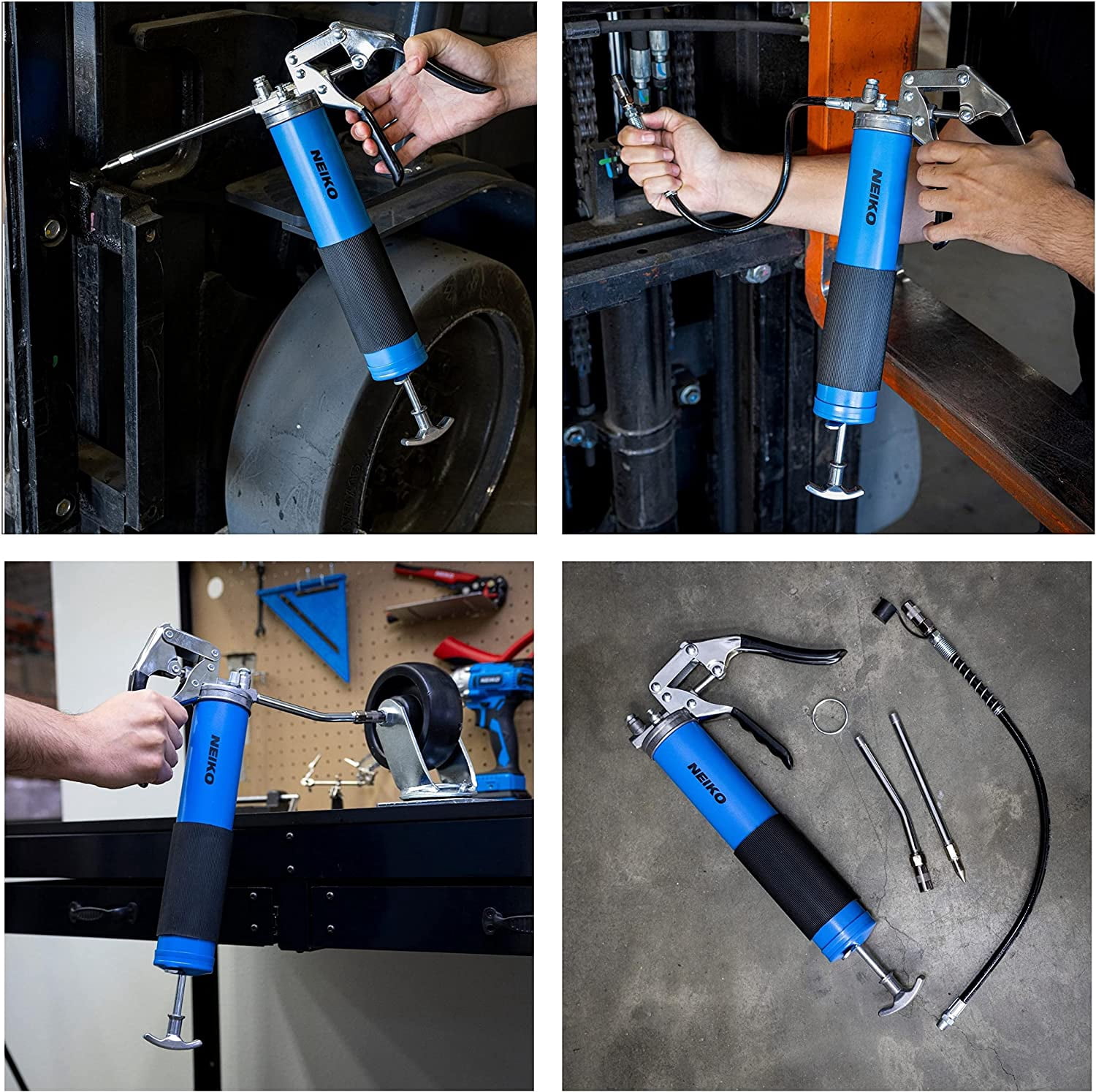 Neiko 12011A Grease Gun, Heavy Duty Pistol Grip Greaser, 6000 PSI, Grease Gun Hose 18 inch, Grease Gun with Zerk Fitting, 6” Straight Extension & 5.5” Bend Ext, Grease Not Included.