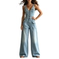 thumbnail image 5 of Kctiaxy Womens Jumpsuit Sleeveless V Neck Button Wide Leg Denim Rompers Solid Color Fashion Casual Jean Pants, 5 of 5