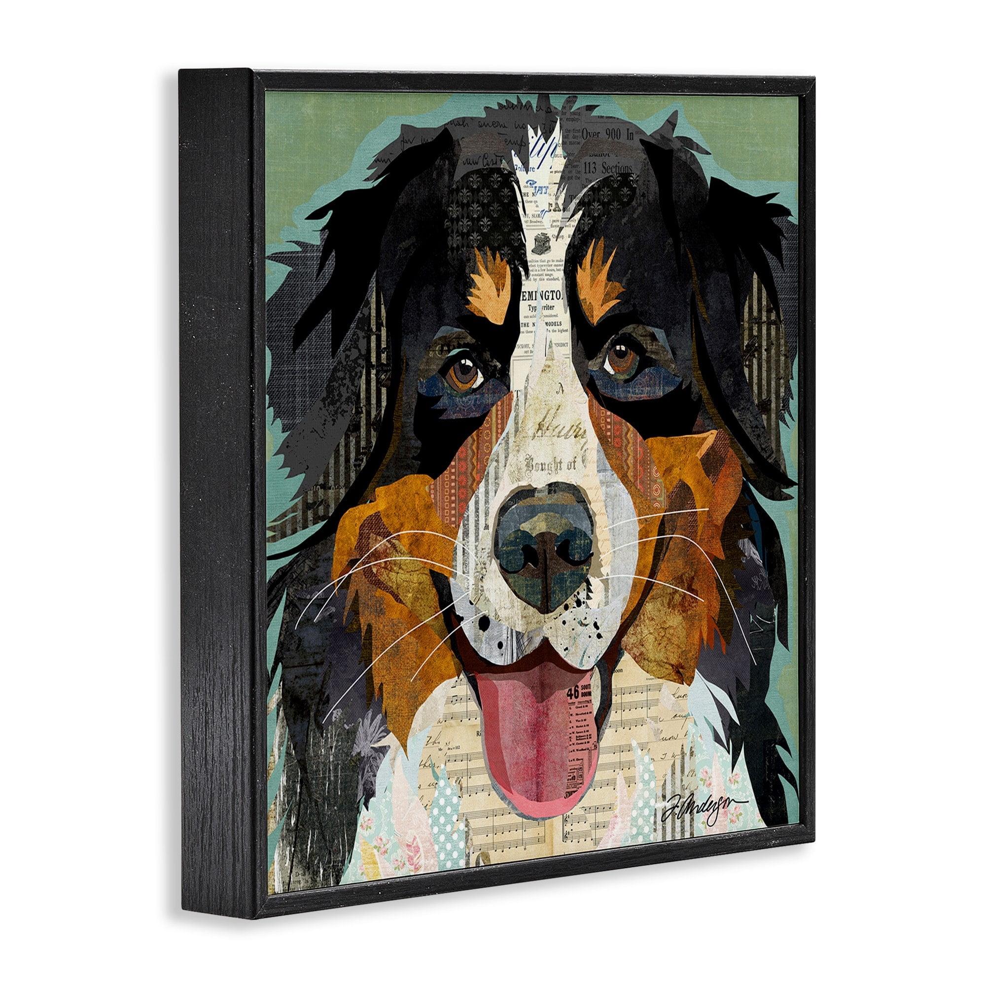 Stupell Industries Bernese Mountain Dog Portrait Layered Ephemera Collage Graphic Art Black Framed Art Print Wall Art, Design by Traci Anderson