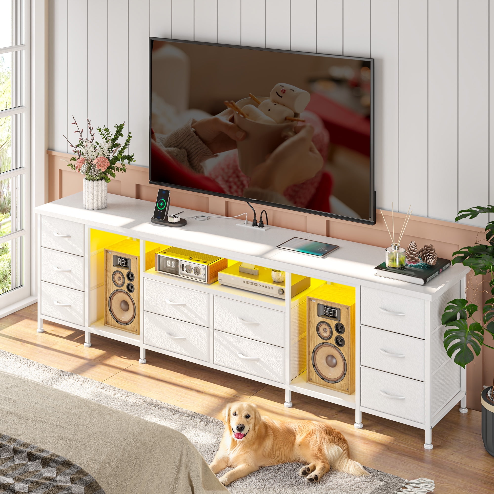 EnHomee TV Stand Dresser for 75 80 85 Inch TV Dressers for Bedroom with LED lights & Power Outlets TV stand with 10 Fabric Drawers and Entertainment Center,White