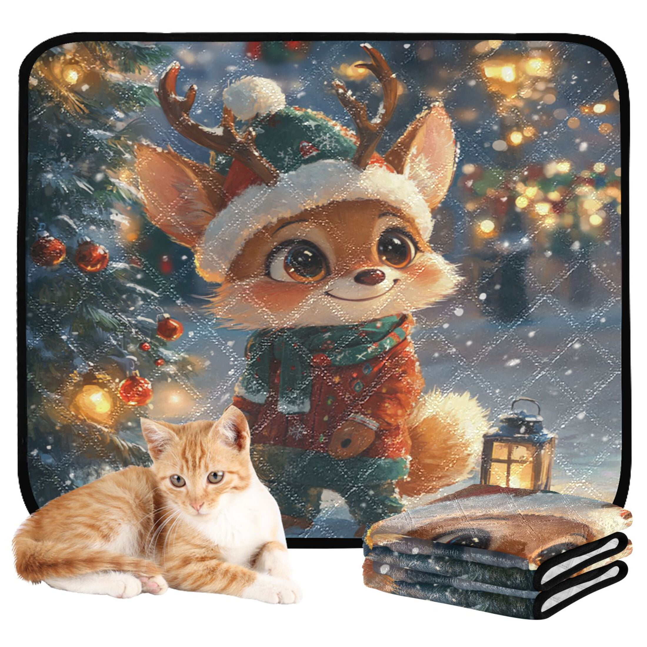 Qxltty Cute Little Fox Wearing A Christmas Hat Cat litter Pads Pet Set of 2 Diaper Mats Center Anti-leakage Layer Absorbent Soft and Comfortable